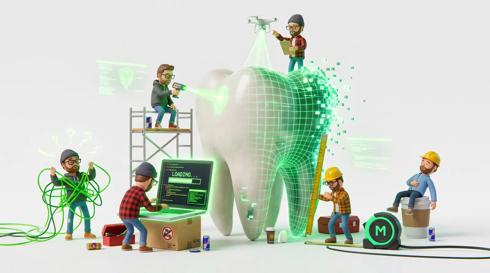 Mini ingenieros construyendo un diente gigante que se convierte en holograma digital